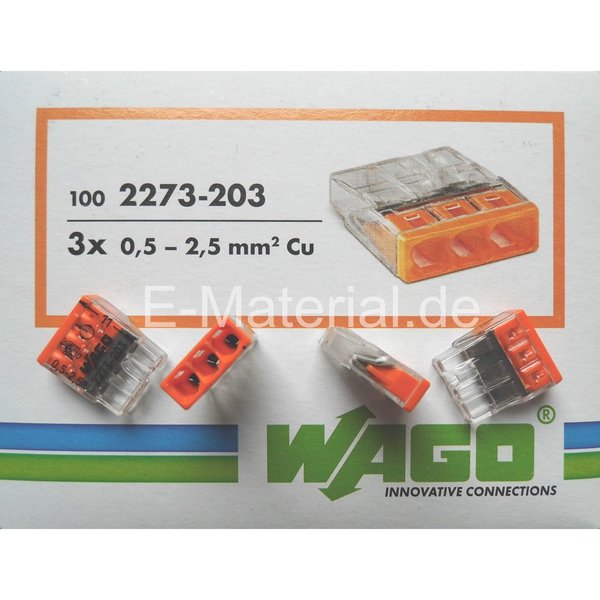 Wago 2273-203  0,5-2,5mm² 3-Leiter Klemme für starre Leitung 100'er Schachtel