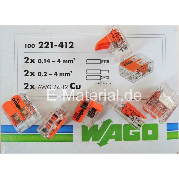 Wago 221-412  0,2-2,5mm² 2-Leiter Hebelklemme für starr & flexibel 100'er Schachtel