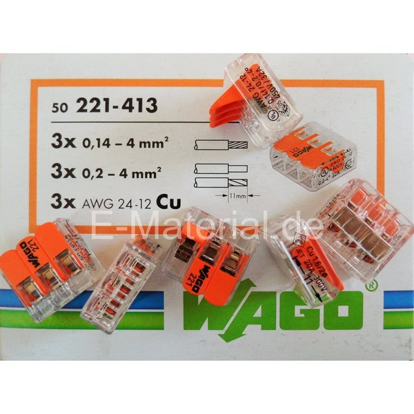 Wago 221-413  0,2-2,5mm² 3-Leiter Hebelklemme für starr & flexibel 50'er Schachtel