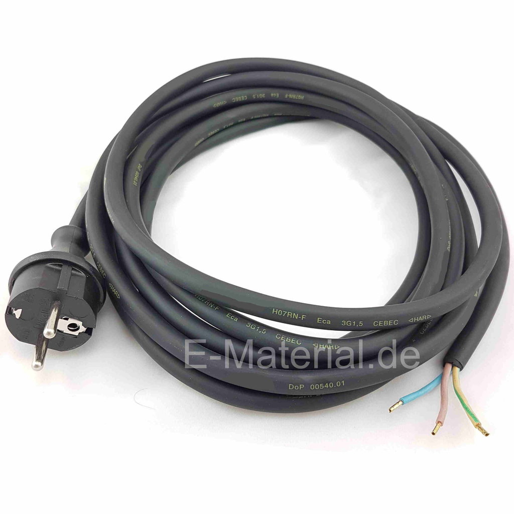 Stecker Anschlussleitung Kabel 3x1,5mm² H07RN-F 5m mit Schuko Aderendhülsen 
